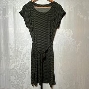by Tavi Shift Dress Medium Green Black Houndstooth Belted Fair Trade Cap Sleeve